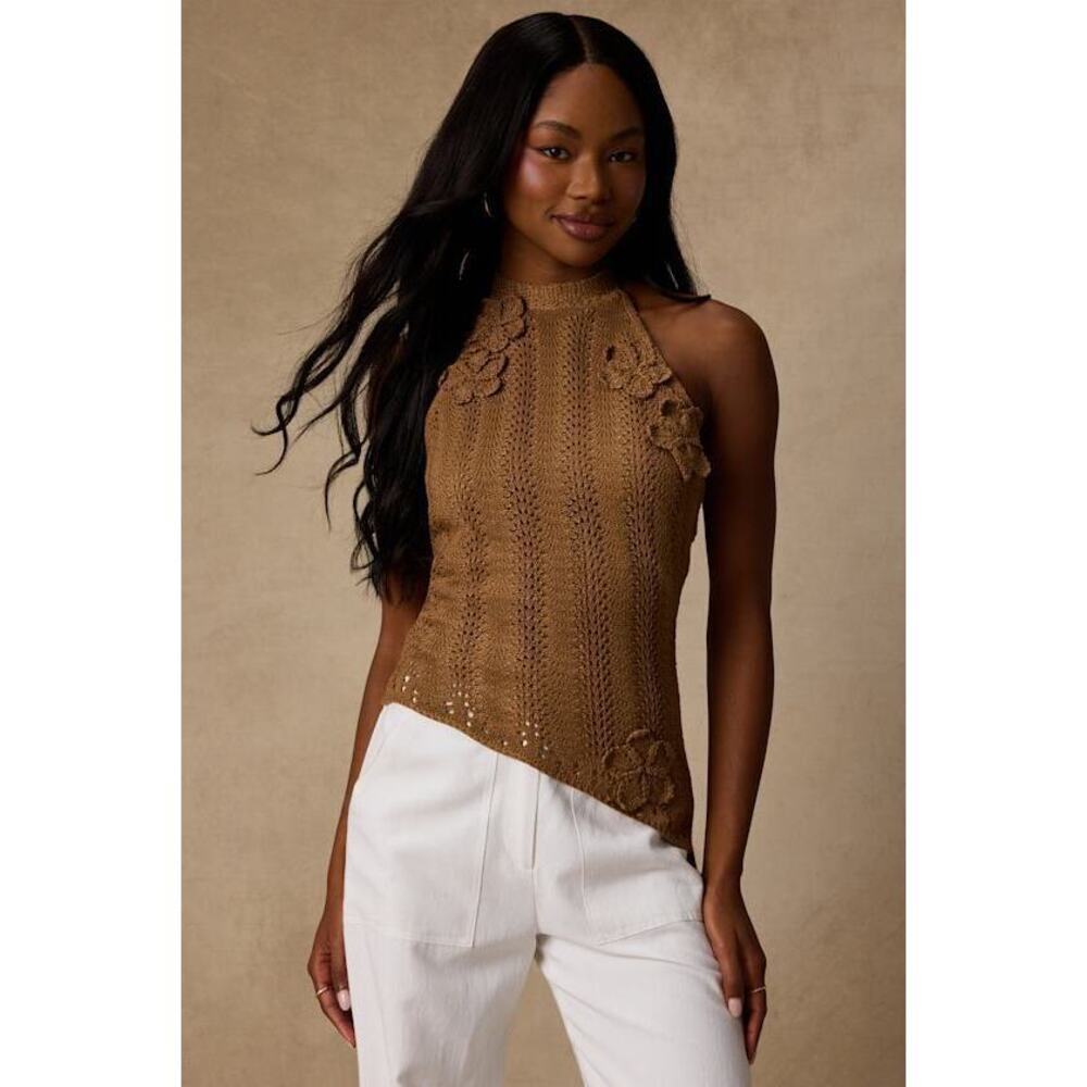 Lulus Keely Light Brown Crochet Knit Asymmetrical Top - Size M